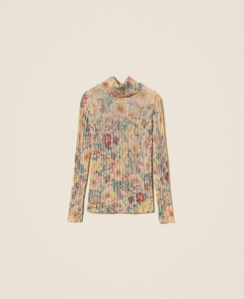 Turtleneck jumper with print Indigo Blue/Multicolour Flowers Woman 262TT3401_14099_S0