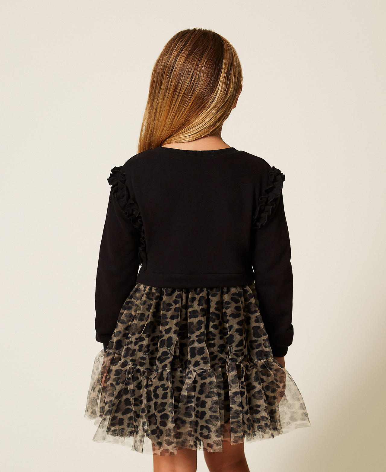 Girls' short plush fabric dress with animal print tulle Two tone Black/Leopard Print Girl 252GB2130_12723_03