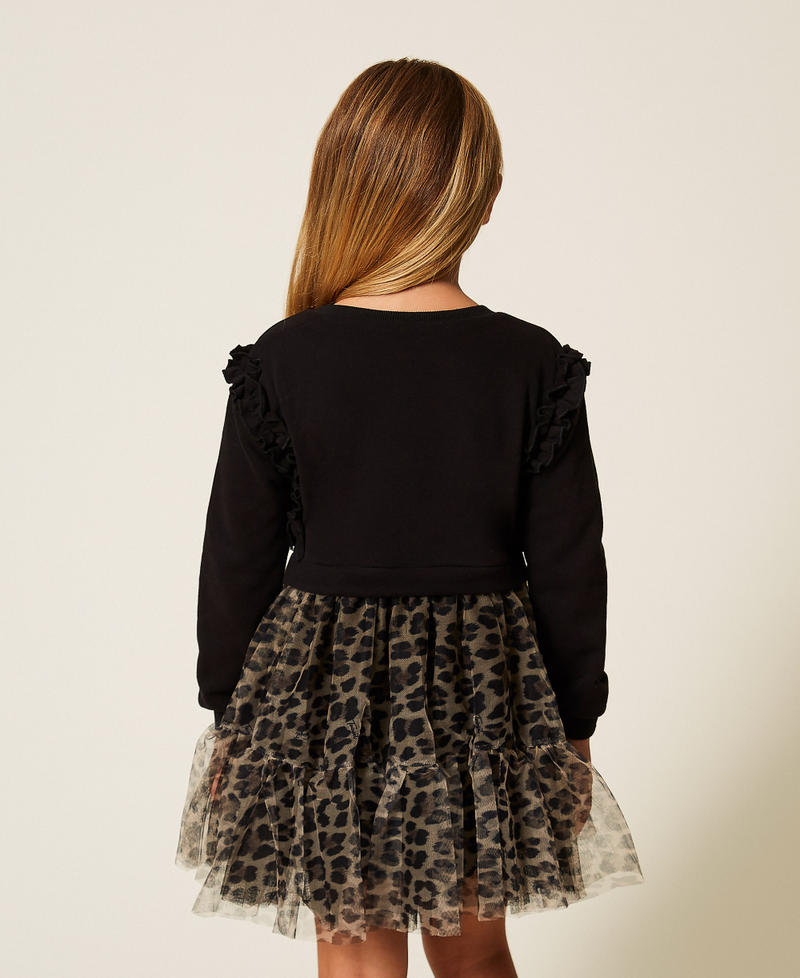 Girls' short plush fabric dress with animal print tulle Two tone Black/Leopard Print Girl 252GB2130_12723_03