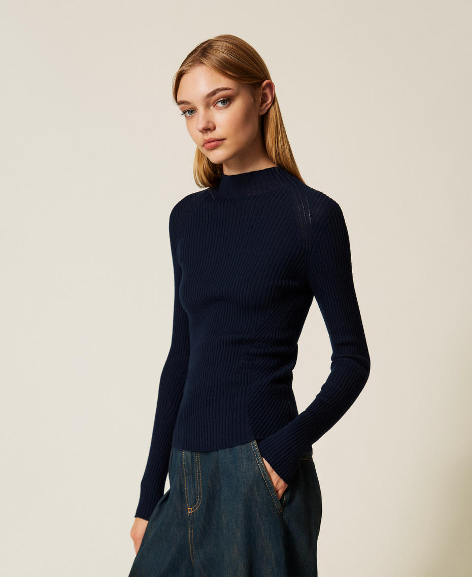Maglia lupetto a coste in lana Classic Blue Donna 252TT3111_11956_02