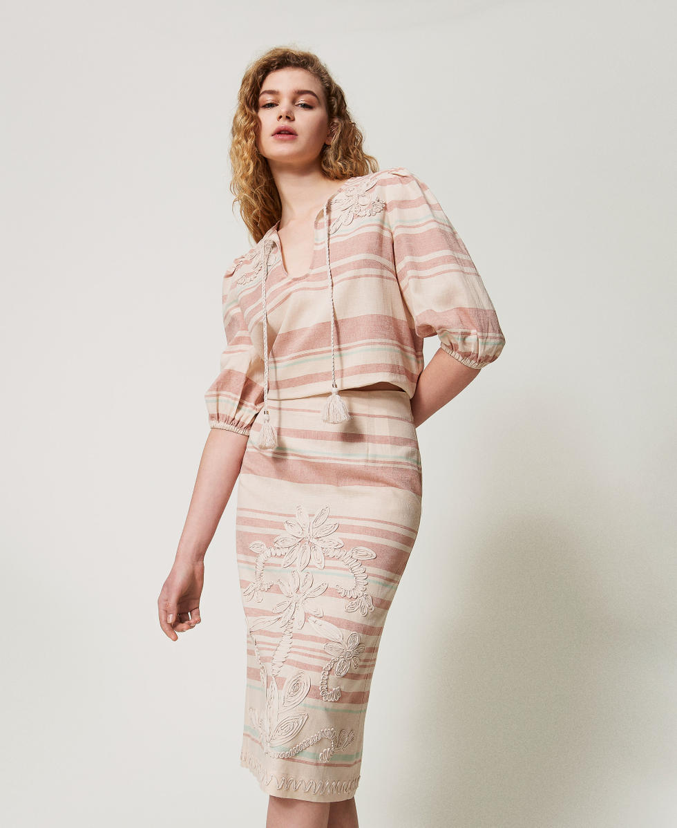Linen-blend striped blouse with embroidery Almond Beige/Green Marine/Amber Brown Stripes Woman 251LM2RAA_12377_T0