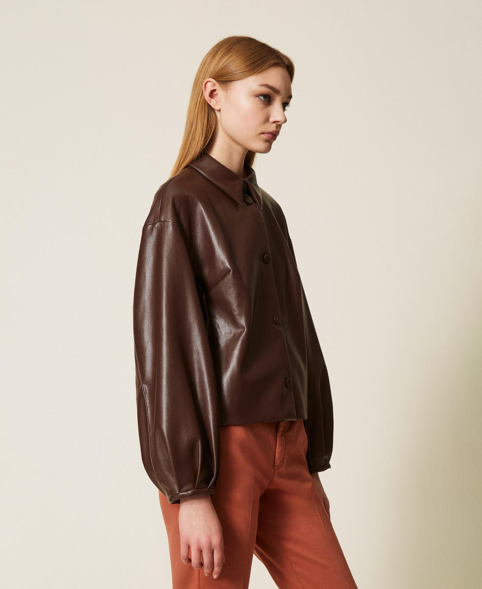 Faux leather jacket with shirt collar Coffee Woman 252TP2090_00203_02