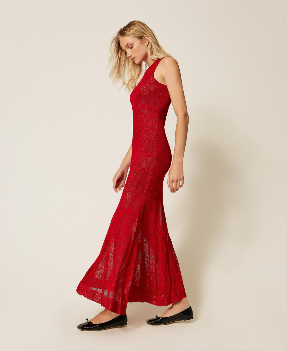 Abito lungo in maglia traforata Rosso Veneziano Donna 252TP3382_00740_02