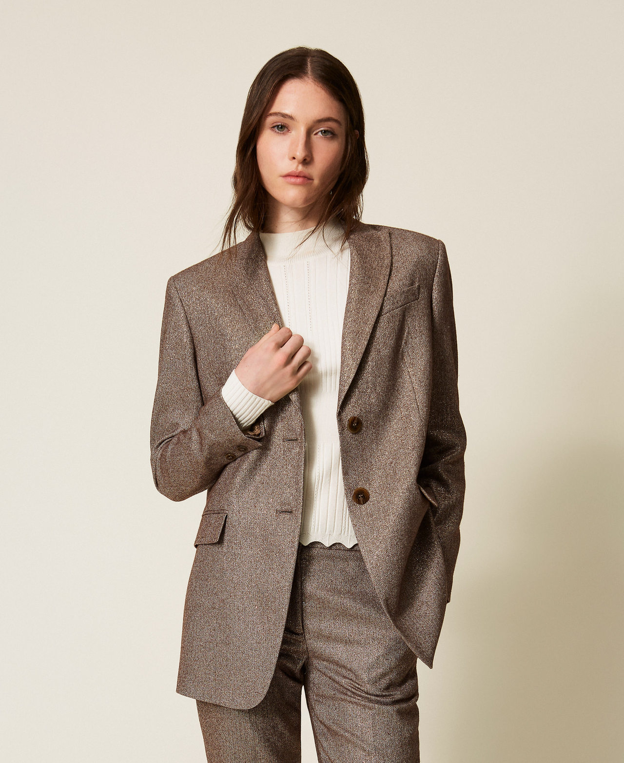Wool blend blazer with lurex Brown Gold Lurex Herringbone Woman 252TT2160_12864_01