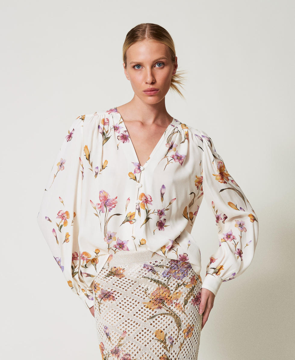 Camicia in cr&ecirc;pe de Chine a fiori Stampa Iris Multicolor / Madreperla Donna 251TP2774_12329_05