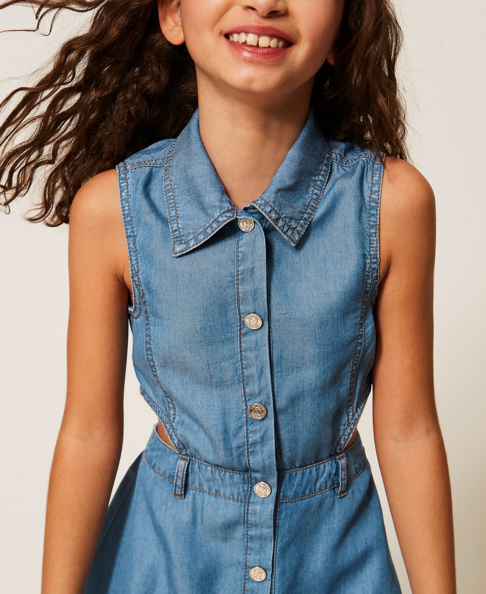Kurzes Kleid aus Chambray mit Cut-out Chambray Mid Blue M&auml;dchen 261GJ2074_13235_04