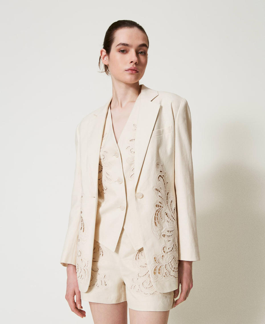 Linen blend jacket with embroidery Mother Of Pearl Woman 251TP2160_00059_0T