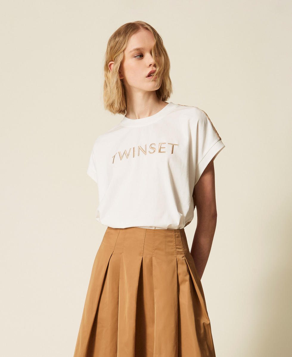 T-Shirt mit Spitze und gesticktem Logo Zweifarbig Off White/Incense Frau 261LL2ADD_13299_02