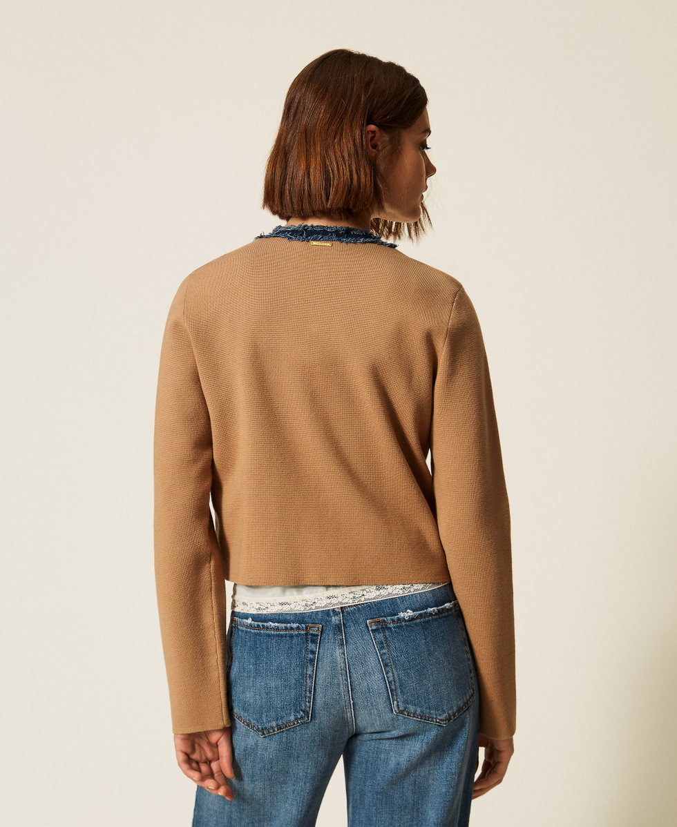 Fitted cardigan with denim trim "Dune" Beige/Denim Woman 262LI3GAA_13721_03