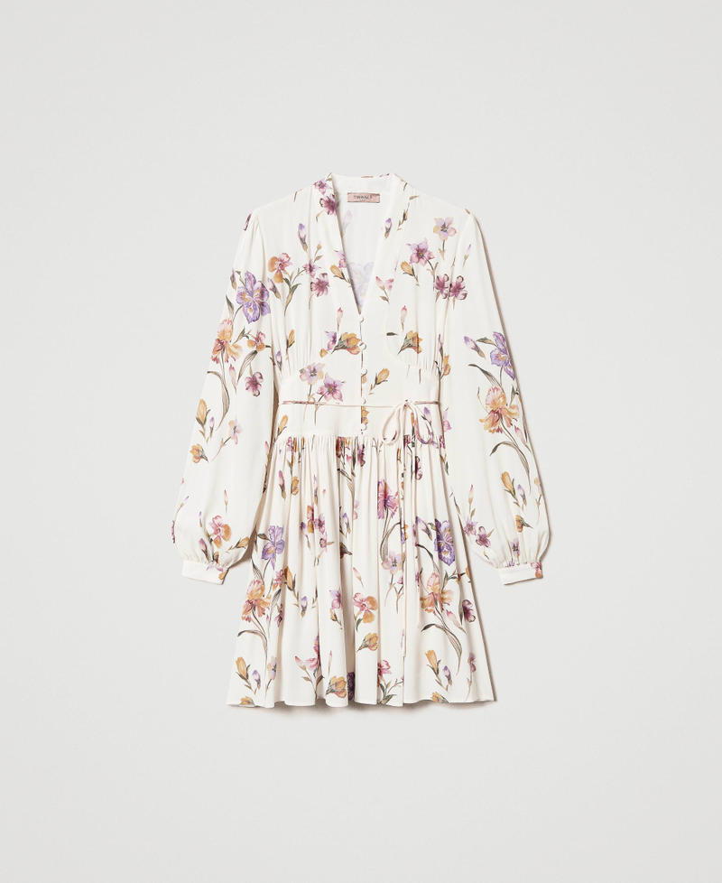 Short cr&ecirc;pe de Chine floral dress Multicolour/Mother of Pearl Iris Print Woman 251TP2773_12329_S0