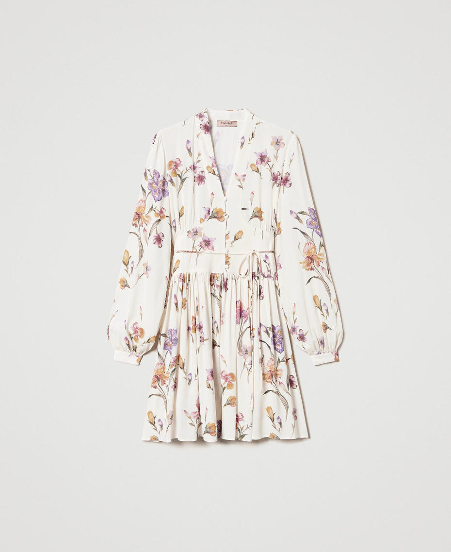Short cr&ecirc;pe de Chine floral dress Multicolour/Mother of Pearl Iris Print Woman 251TP2773_12329_S0