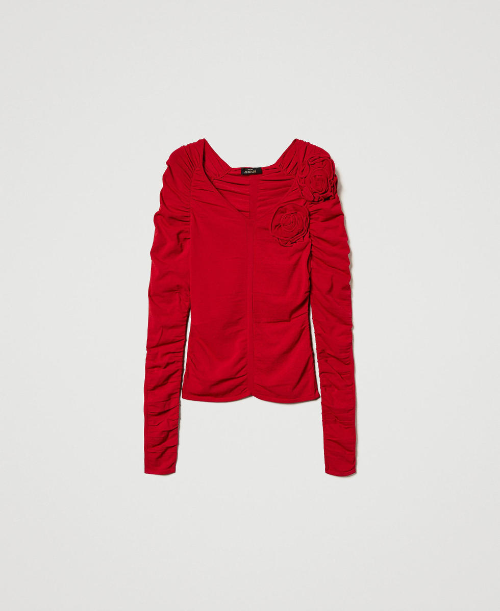 Fitted jumper with gathering and flowers