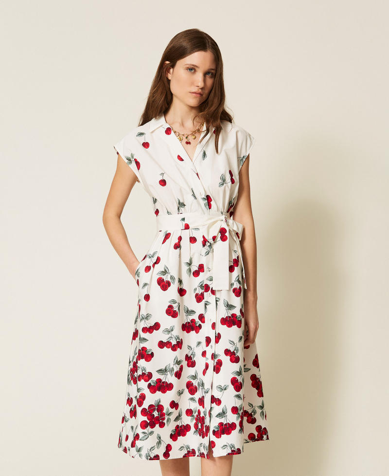 Poplin midi dress with cherry print White/Red Cherries Degrad&egrave; Woman 261TT2590_13503_02