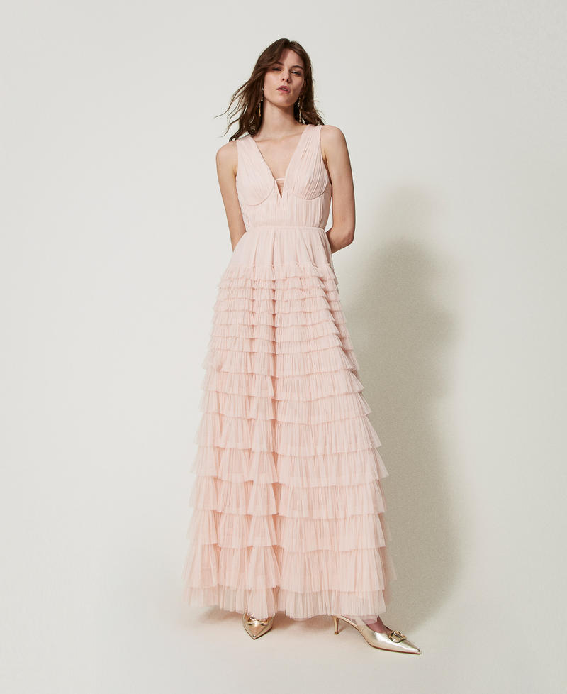 パーティードレス Sleeveless Pleated Contrast-Tulle Dress Long pleated tulle dress Woman, Pink | TWINSET Milano