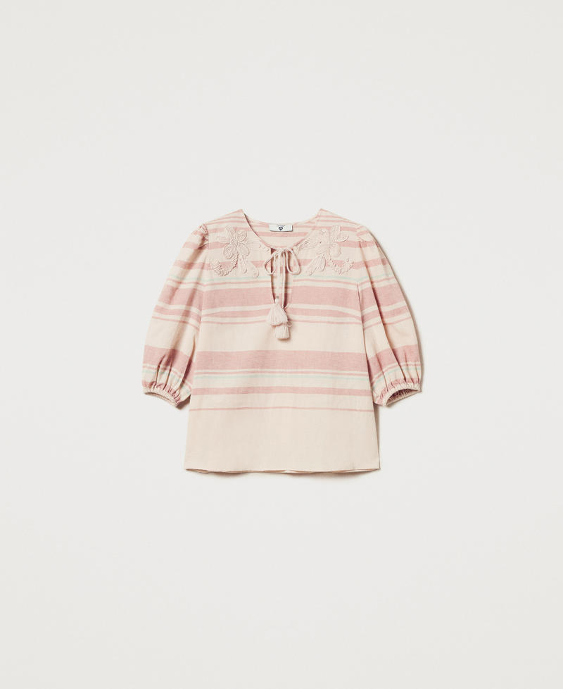 Blouse en lin mélangé avec rayures et broderies Rayure Almond Beige/Green Marine/Amber Brown Femme 251LM2RAA_12377_S0