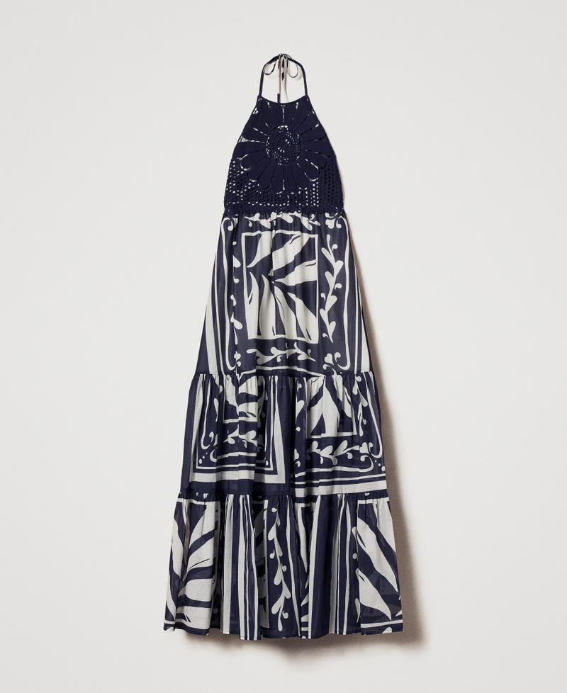 Long dress in muslin and crochet fabric Classic Blue/Classic Blue Foulard Print Woman 251LM2CBB_12489_S0