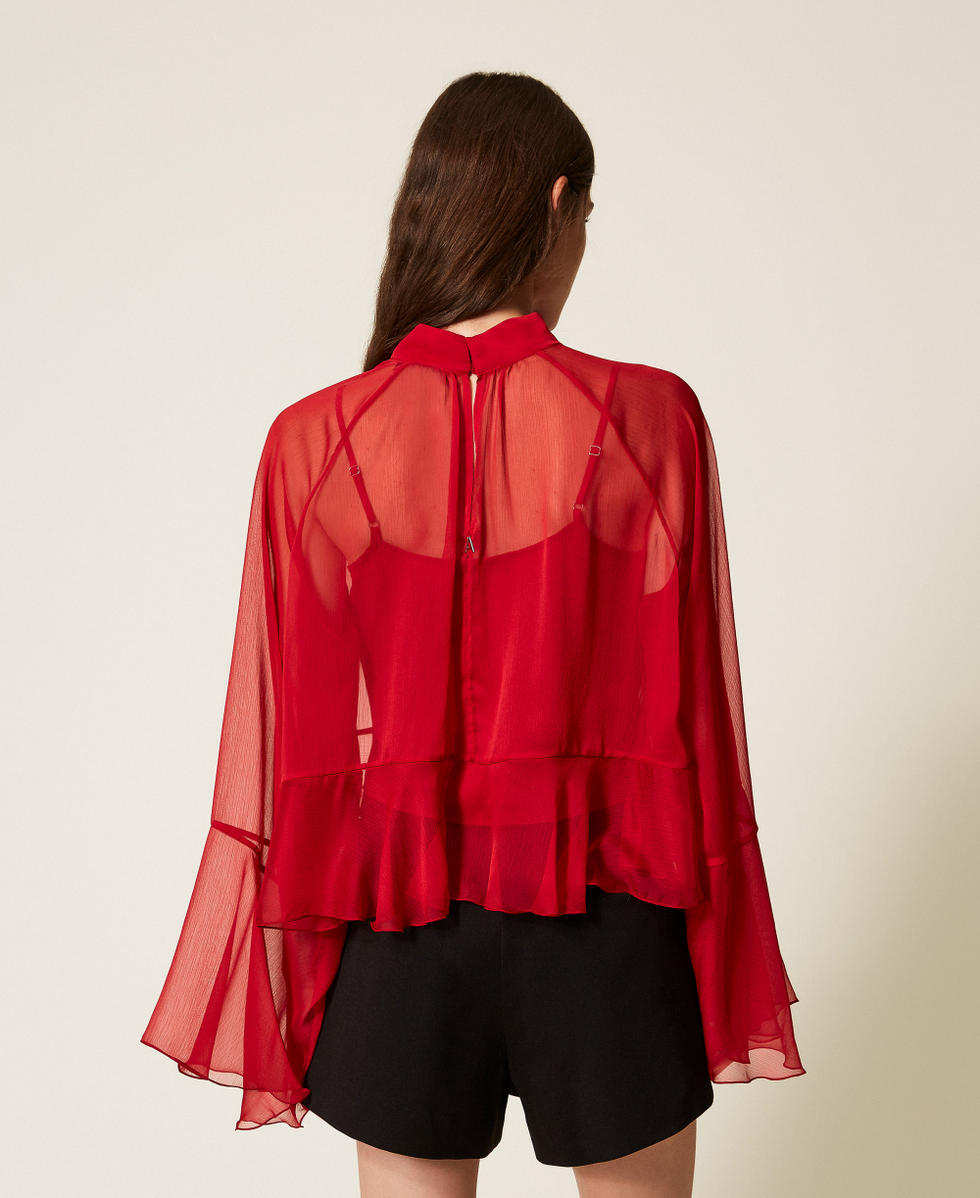 Bluse aus Voile mit Volant Kirsch Rot Frau 252AT2213_00034_03