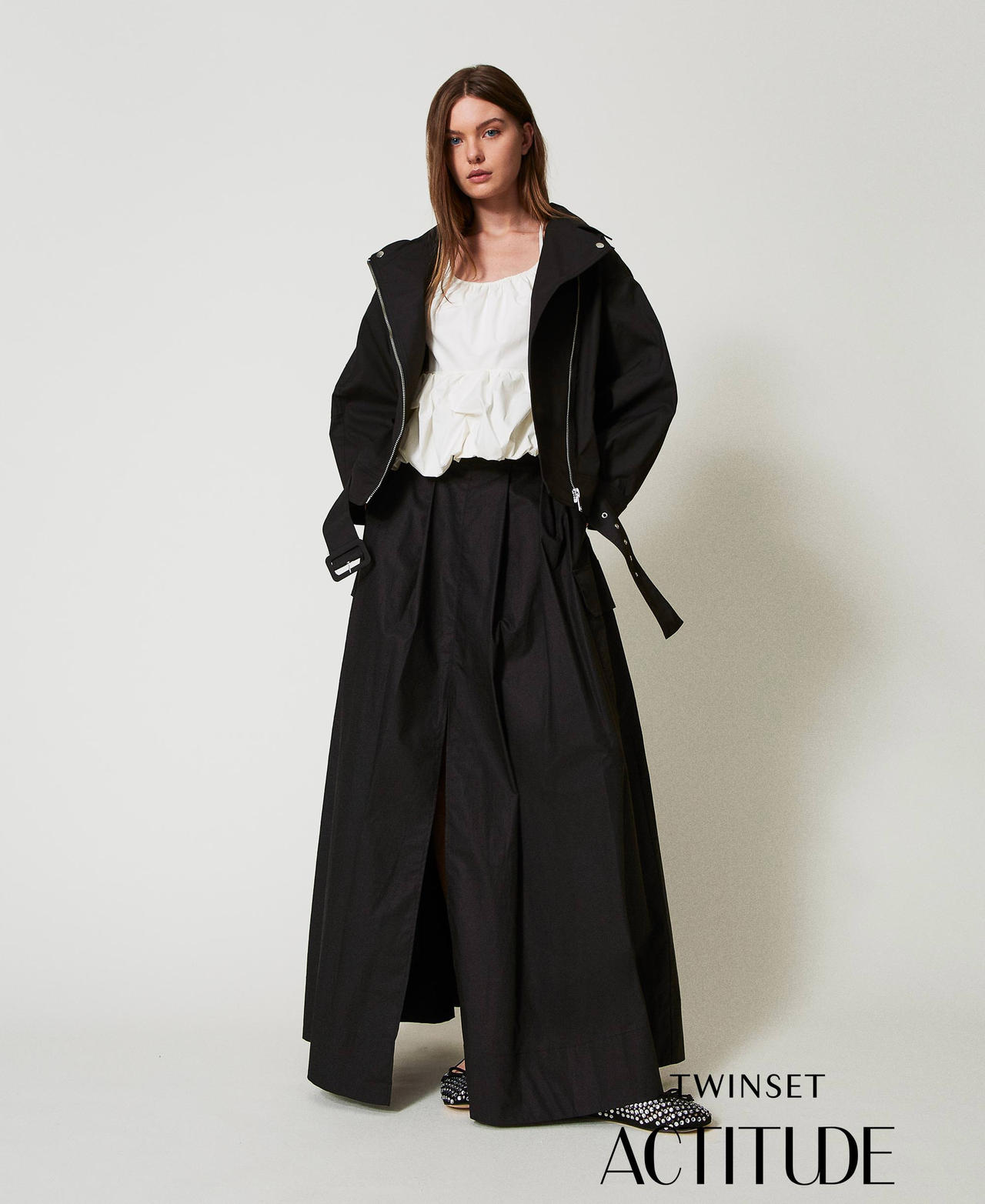 Long poplin skirt with pleats Woman, Black | TWINSET Milano