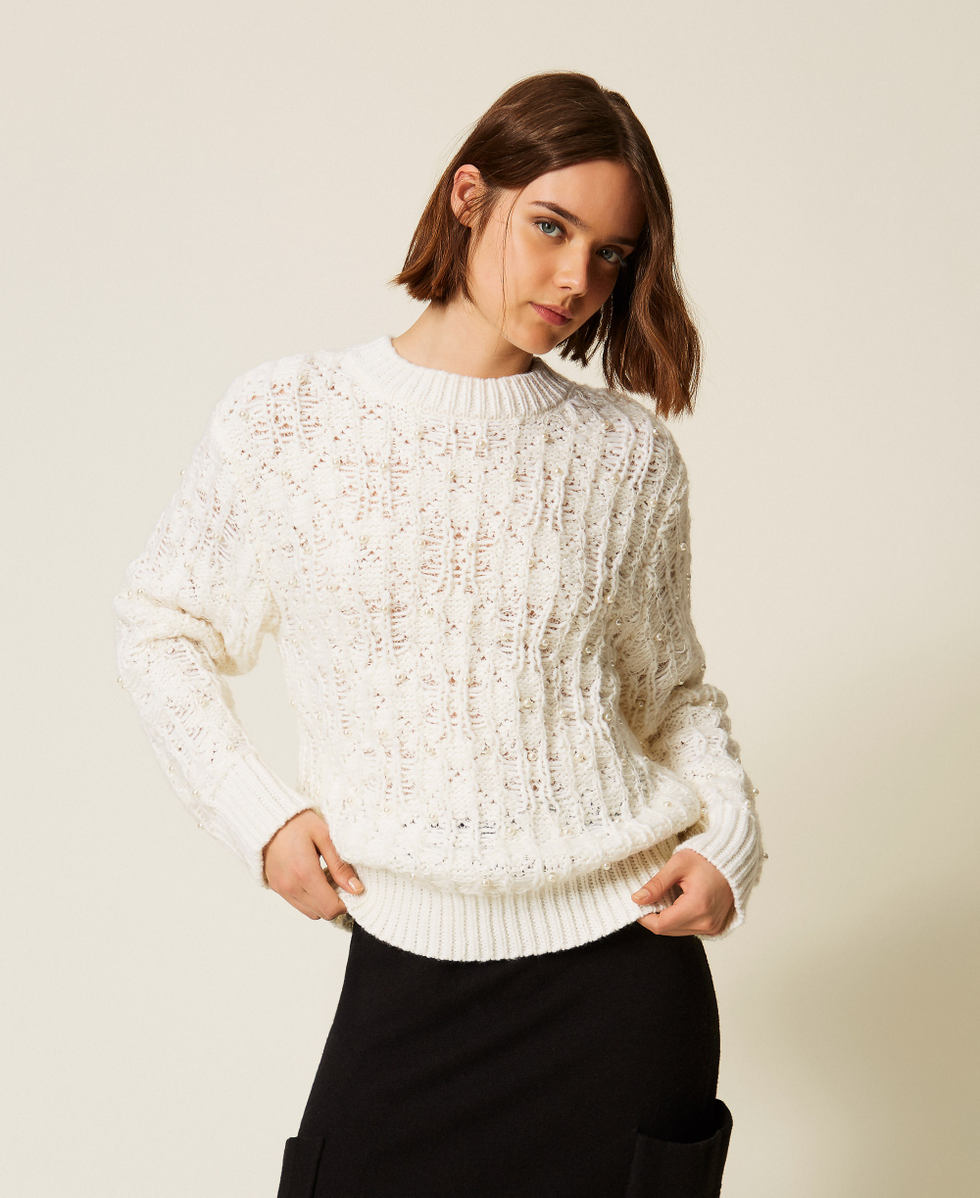 Crew neck jumper with pearls Mother Of Pearl Woman 262LI3TAA_00059_01