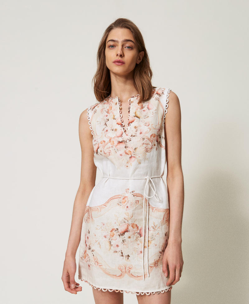 Short dress in printed linen Flowers Tapestry Dusty Coral Shade Print Woman 251TT2441_12527_01