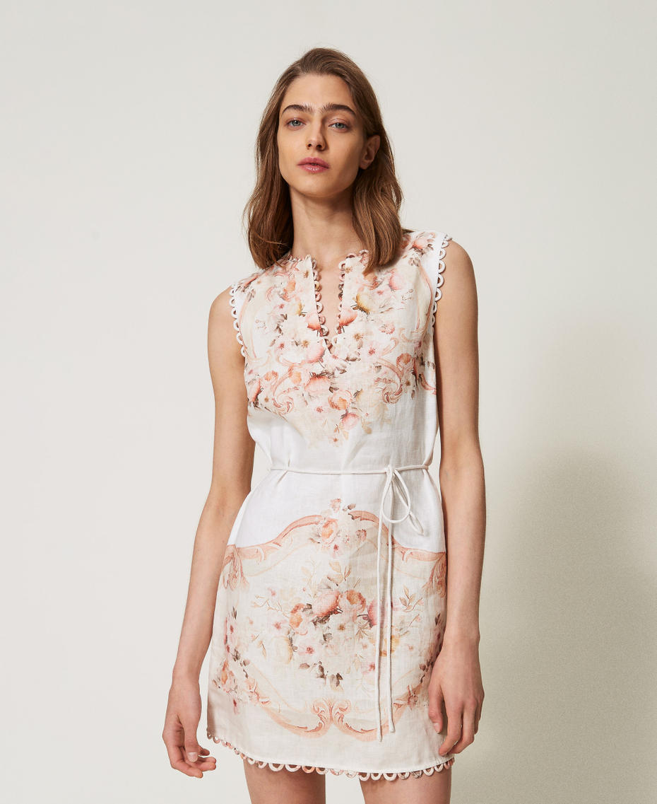 Short dress in printed linen Flowers Tapestry Dusty Coral Shade Print Woman 251TT2441_12527_01