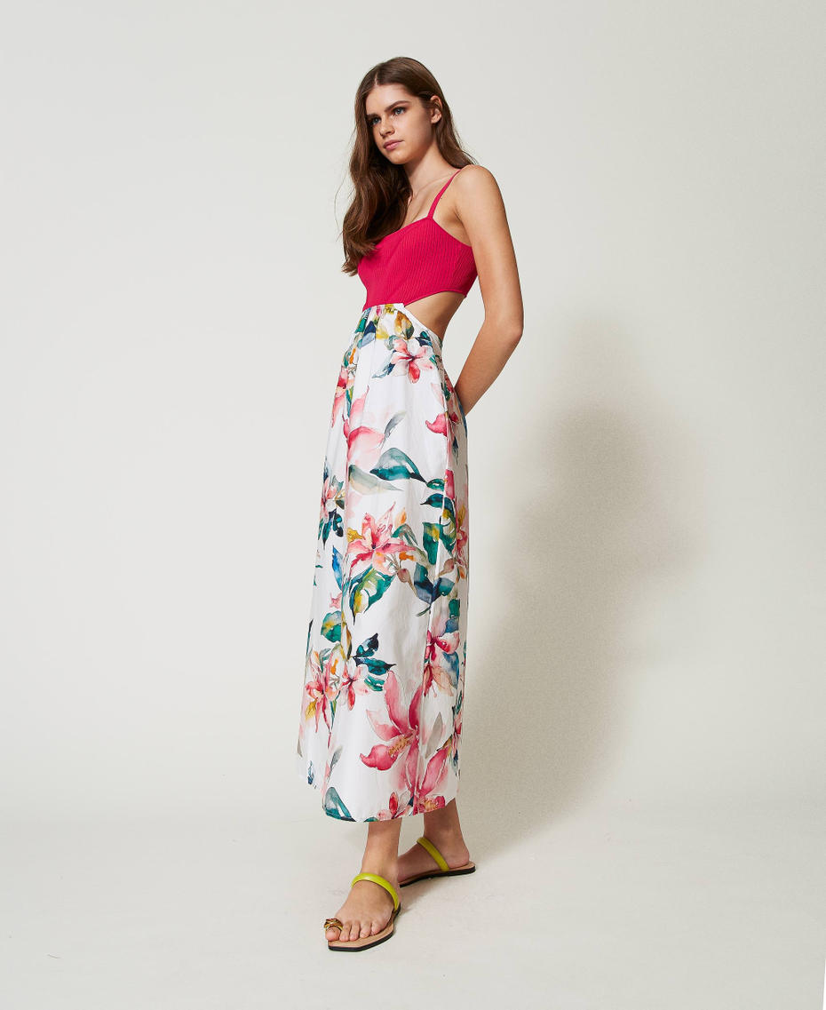 Long knit dress with floral print Mother of pearl/Multicolour Stripe Print Woman 251LB3LAA_12198_01