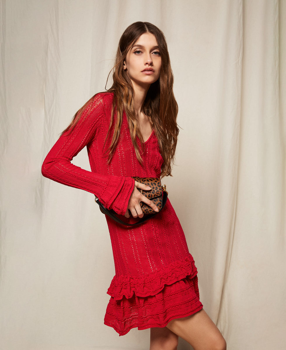 Robe courte en maille avec volants Rouge V&eacute;nitien Femme 252TP3180_00740_PC