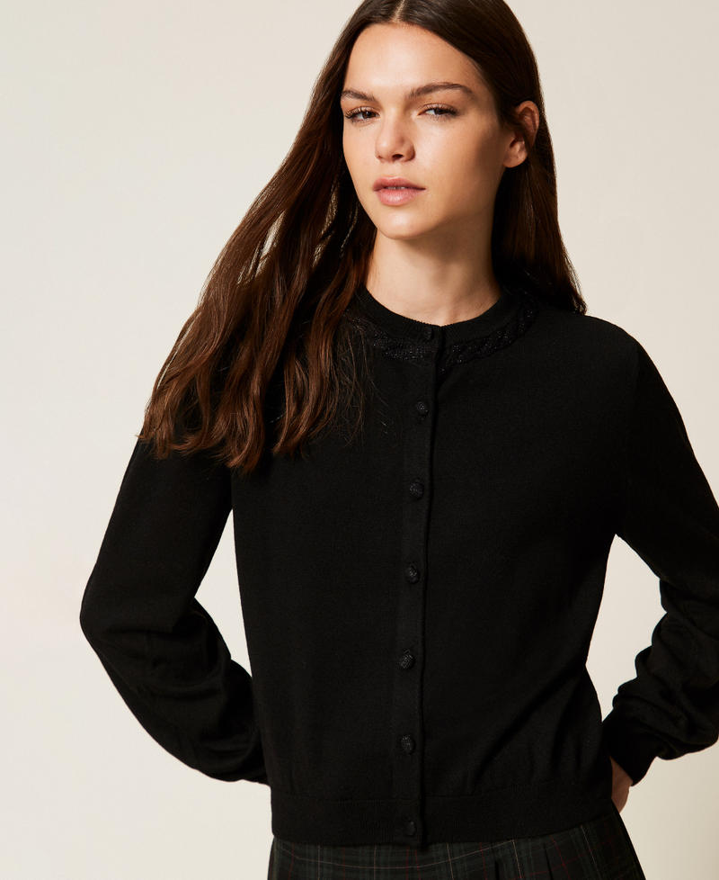 Lurex crew neck cable knit cardigan Black Woman 252LL3NAA_00006_05