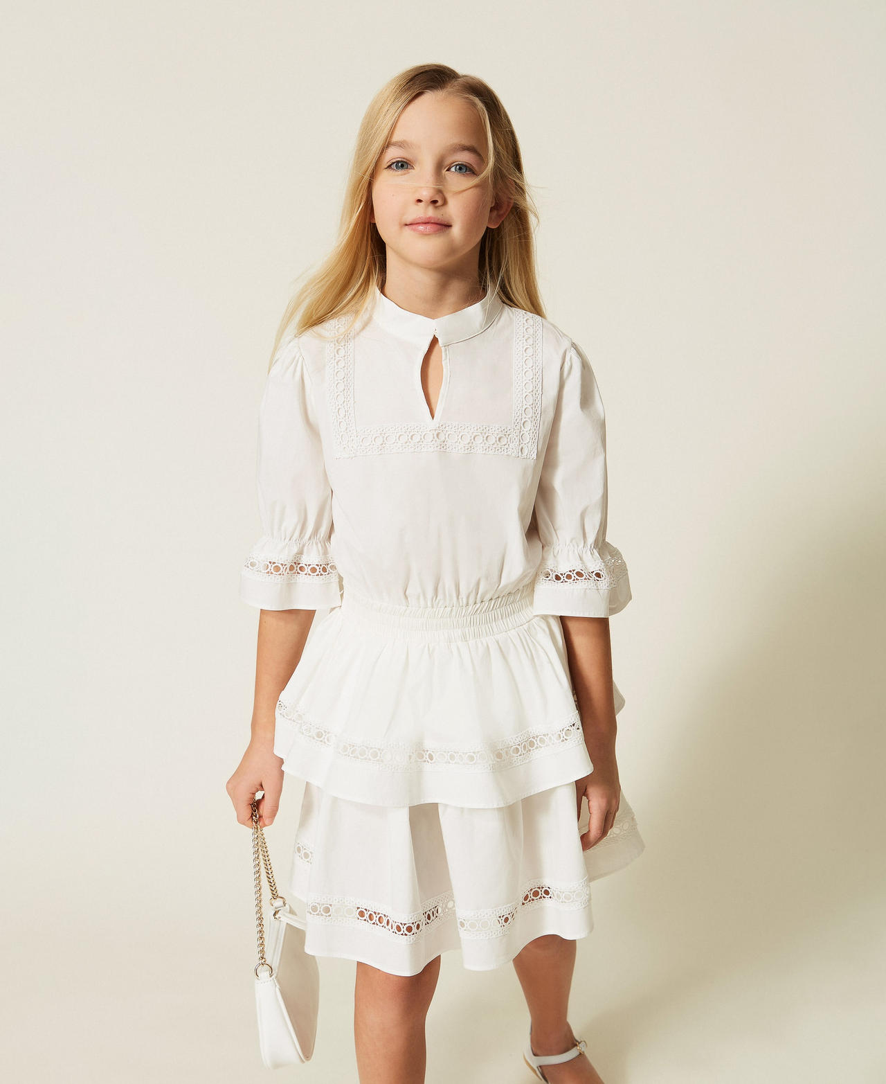 Twinset Girls Off White Short Poplin Dress With Lace