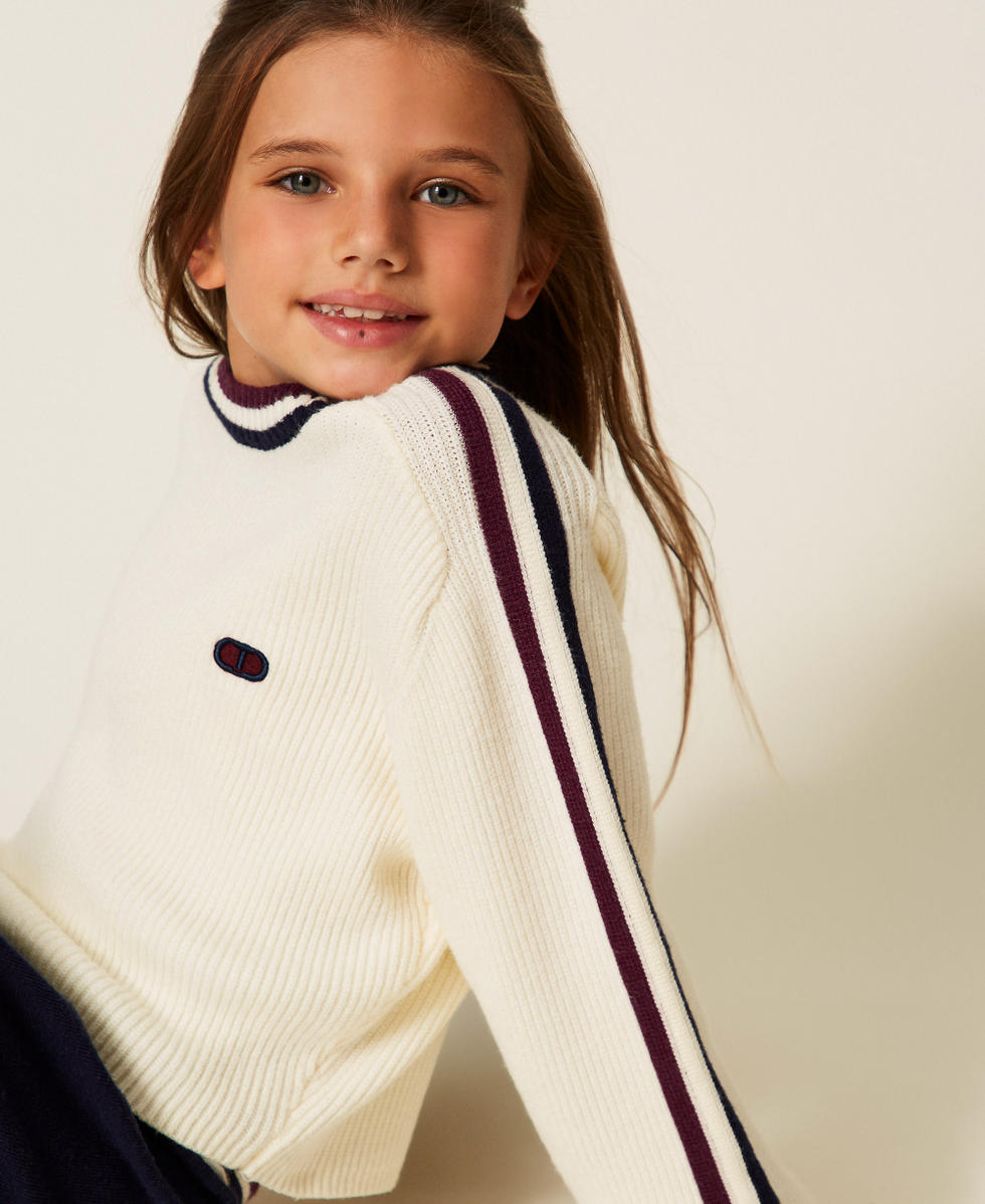 Pull c&ocirc;tel&eacute; avec bandes bicolores Blanc Papyrus Fille 252GJ3030_00435_04