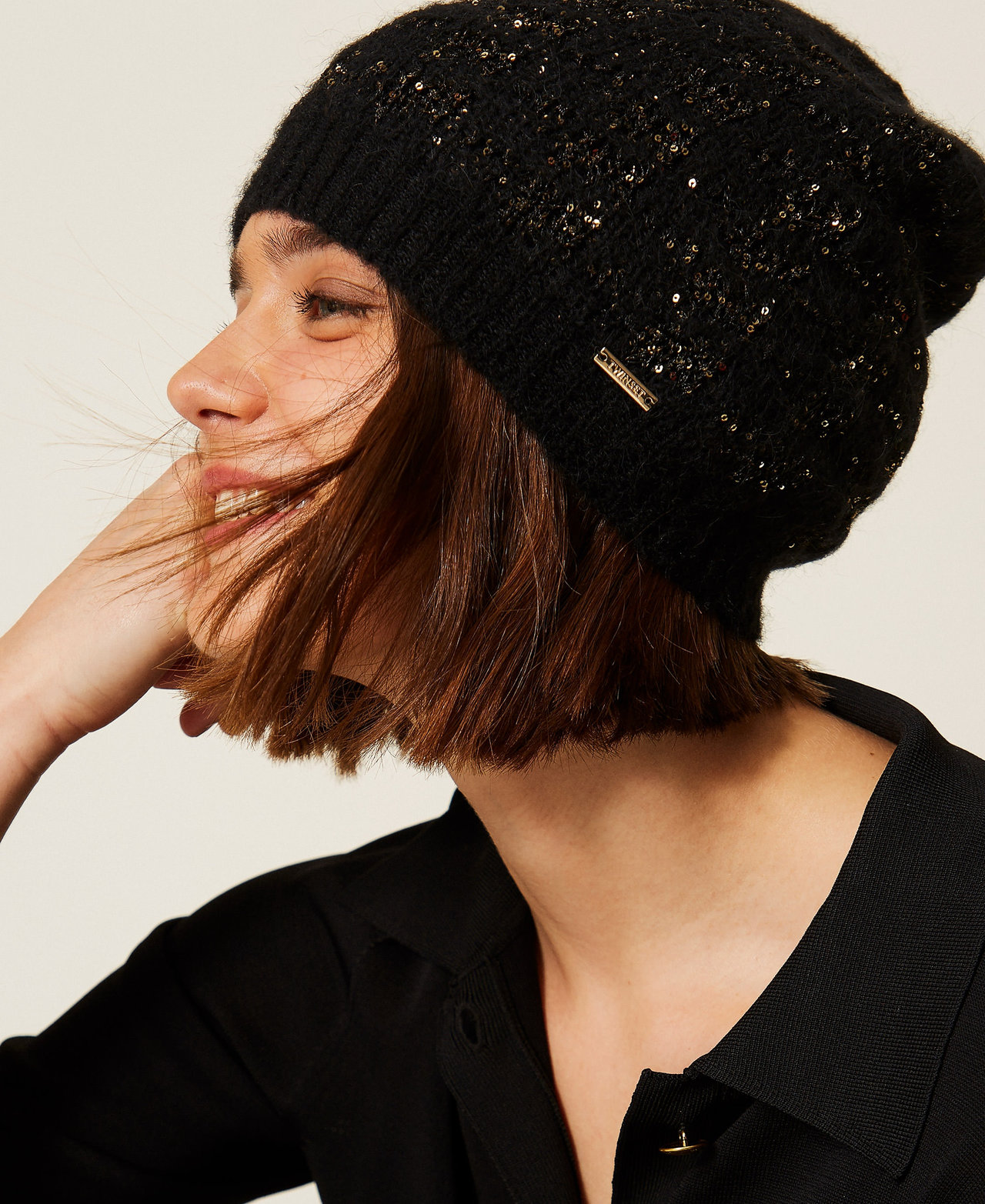 Jacquard knit beanie with houndstooth pattern Black/Black-Gold Woman 262TA4581_13926_A0
