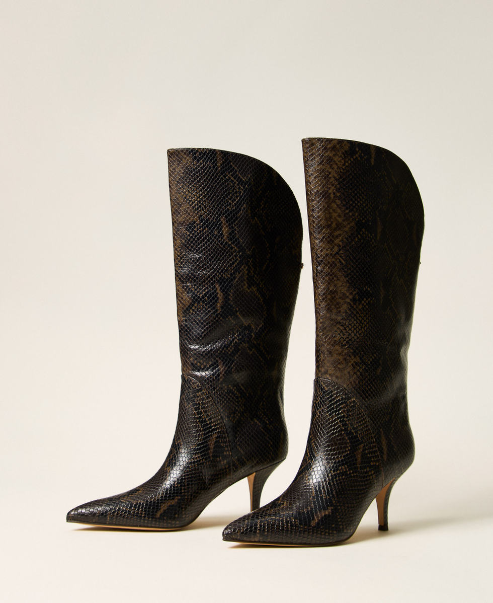 Bottes montantes en cuir imprim&eacute; python Imprim&eacute; Python Marron Coffee Femme 262TGT074_14054_02