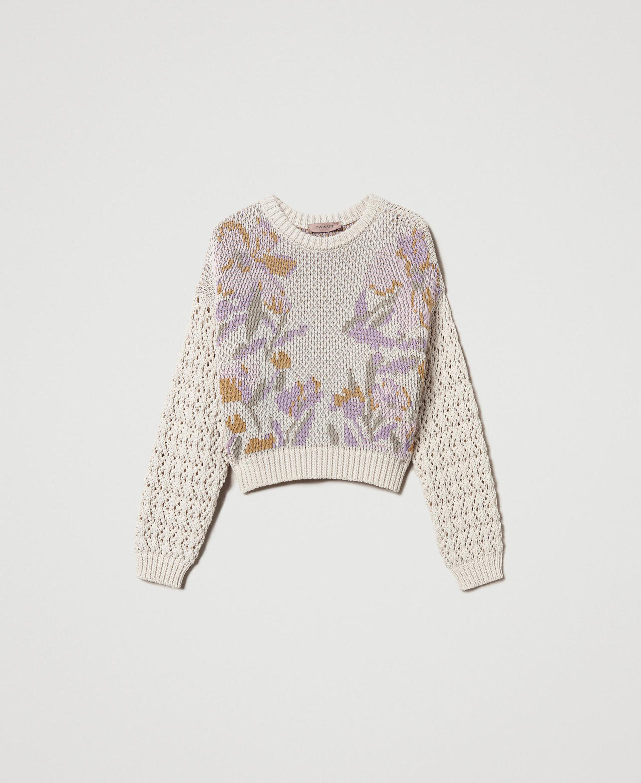 Jacquardpullover mit Blumendessin Flowers-Jacquard, schneeweiß Frau 251TP3611_12359_0S