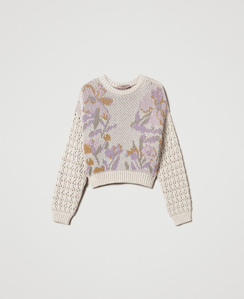 Jacquardpullover mit Blumendessin Flowers-Jacquard, schneeweiß Frau 251TP3611_12359_0S