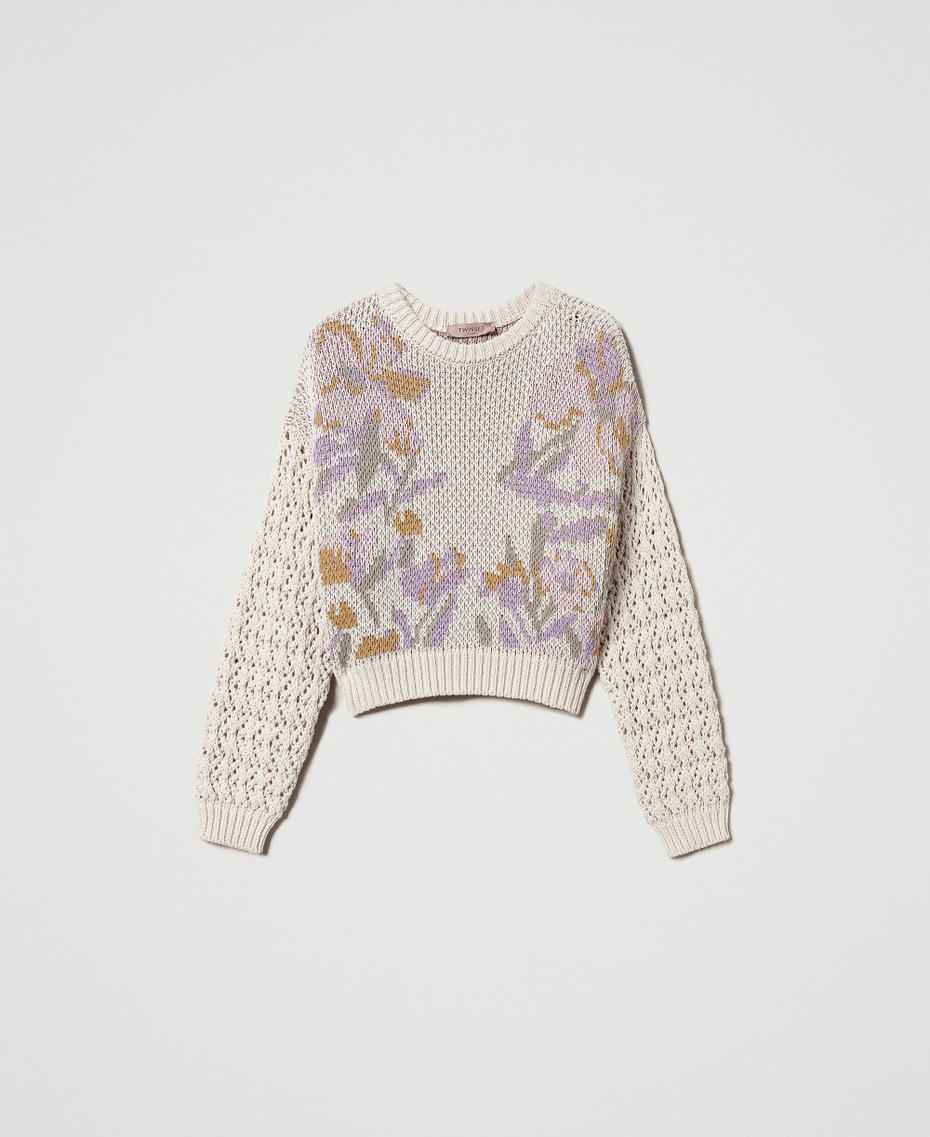 Jacquardpullover mit Blumendessin Flowers-Jacquard, schneeweiß Frau 251TP3611_12359_S0