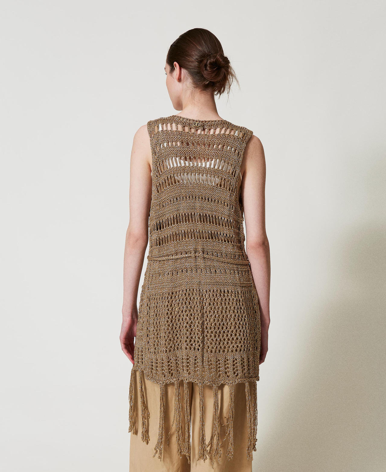 Openwork knit sleeveless cardigan with lurex Rope Beige Woman 251TA4360_12145_03