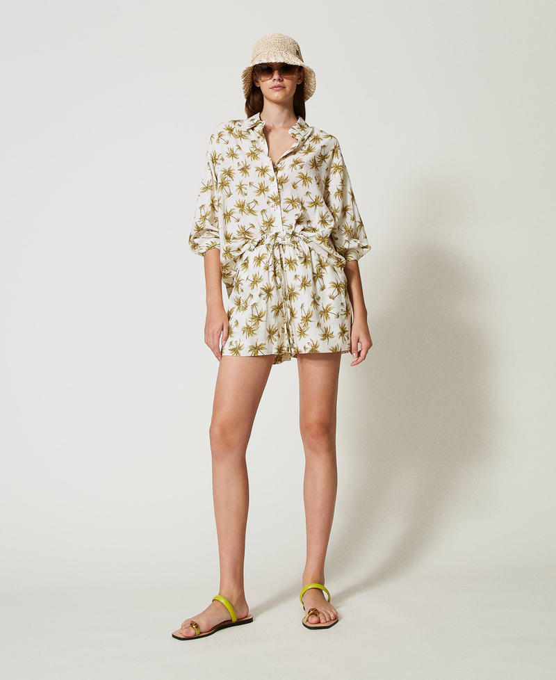 Linen blend shirt with palm print Mother of Pearl/Olive Leaf Palm Print Woman 251LB2VBB_12196_T0
