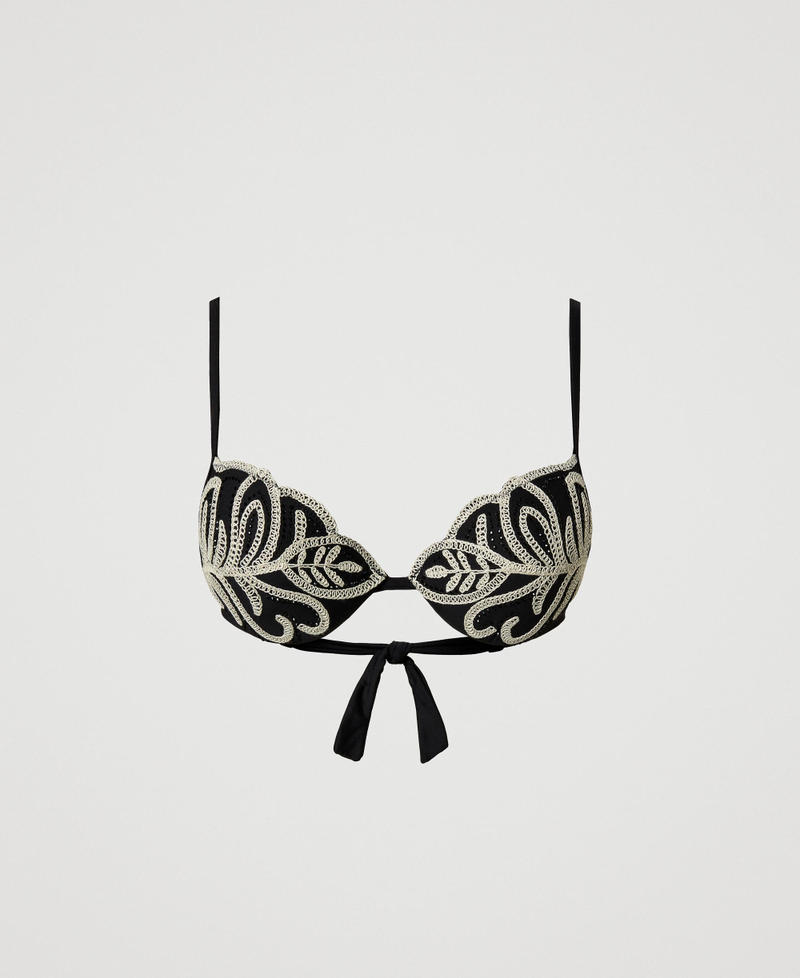 Push-up bikini top with embroidery and rhinestones Bicolour Black / Mother-of-pearl White Woman 251LBMY44_02710_S0