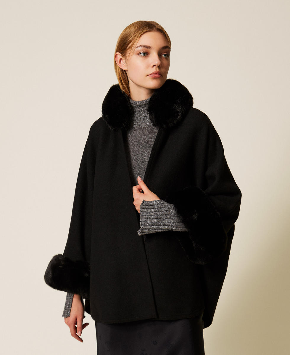 Wool cloth and faux fur poncho Woman, Black | TWINSET Milano