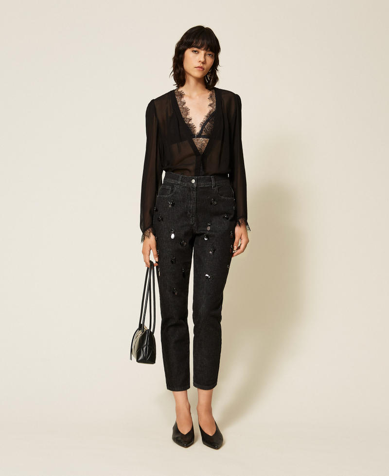 Handbestickte Skinny-Jeans Denimschwarz Frau 262AP2080_01103_T0