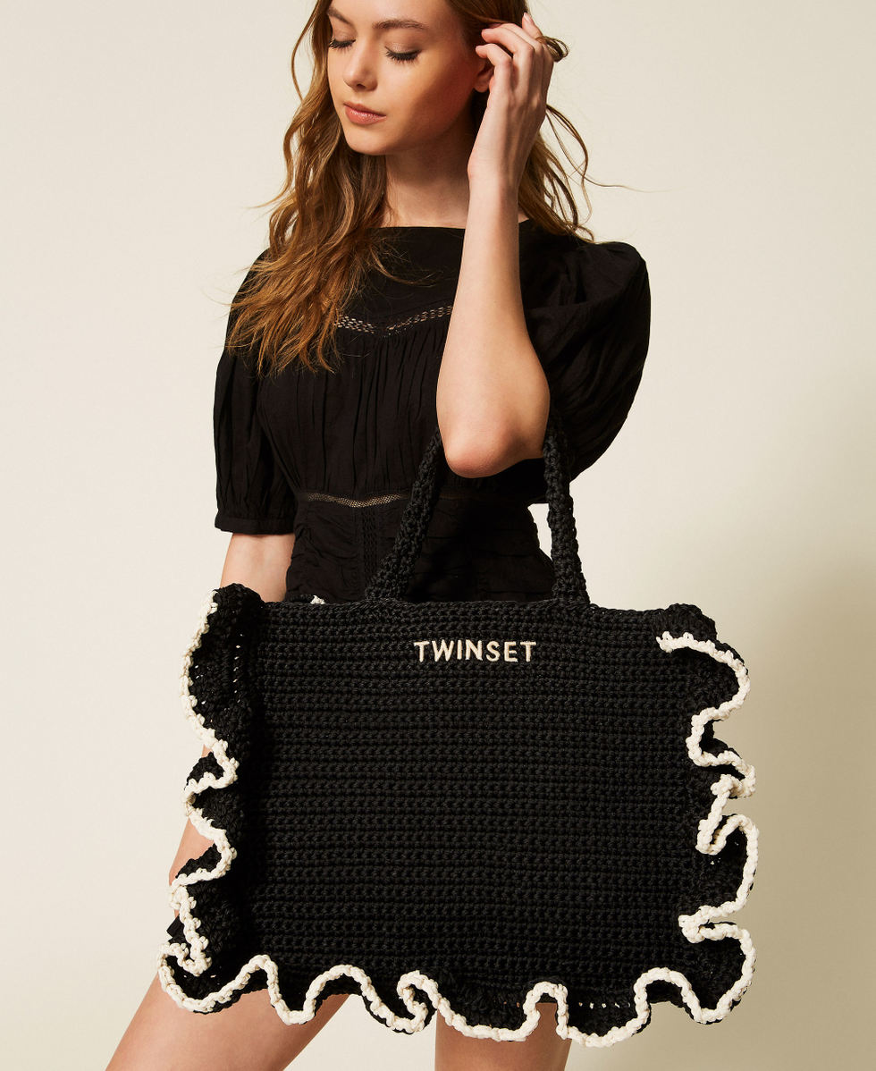 Borsa shopper crochet con balze Bicolor Nero / Bianco "Madreperla" Donna 261TD8290_06571_T0