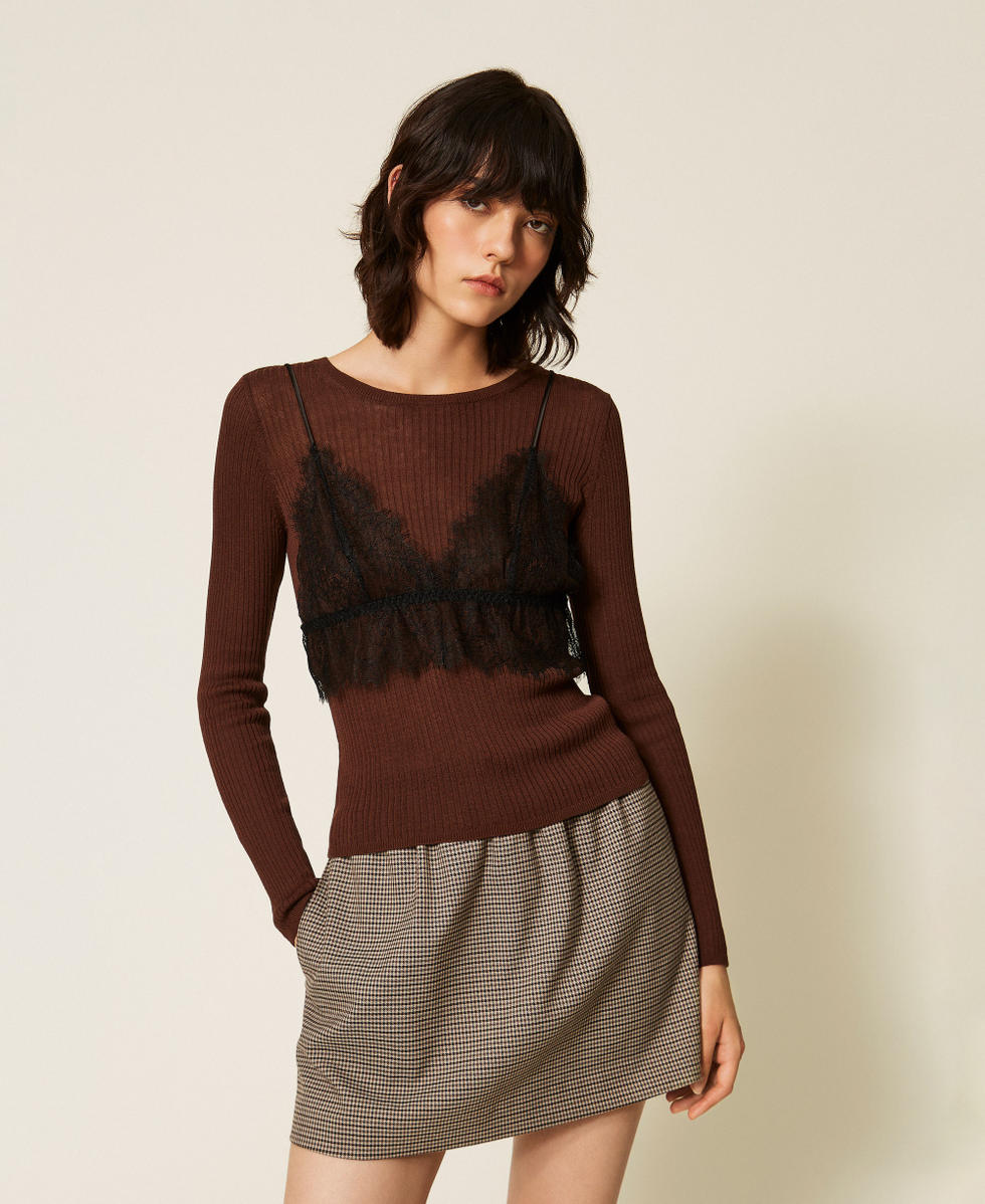 Pull en soie m&eacute;lang&eacute;e avec top Bicolore Marron "Dark Coffee" Fonc&eacute;/Noir Femme 262TP3010_13887_01