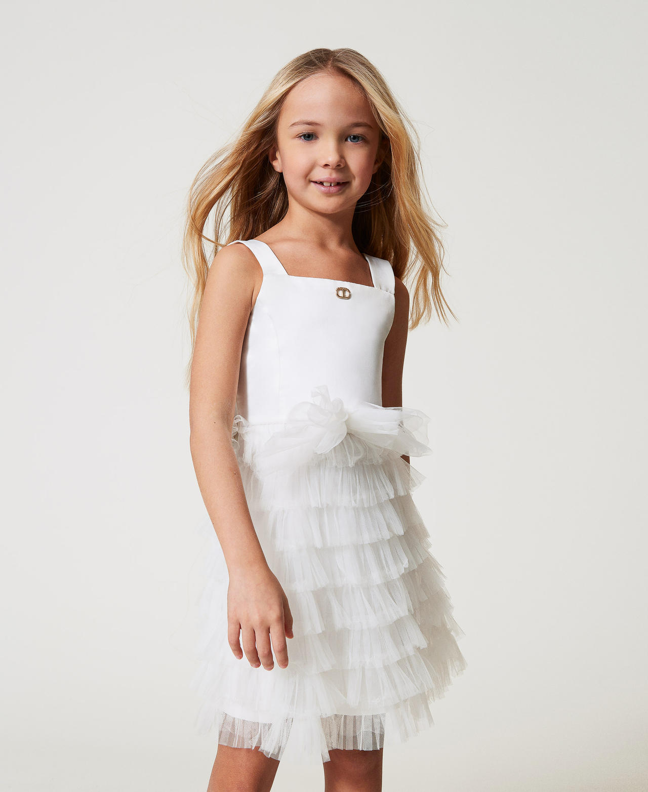 Vestido corto de duquesa y tul Blanco "Ice" Ni&ntilde;a 251GJ2QS0_00808_01