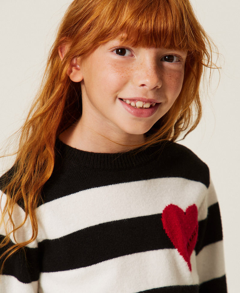 Striped jumper with heart and logo Black/"Snow" White/"Magenta" Heart Red Stripes Girl 262GJ3042_13776_04