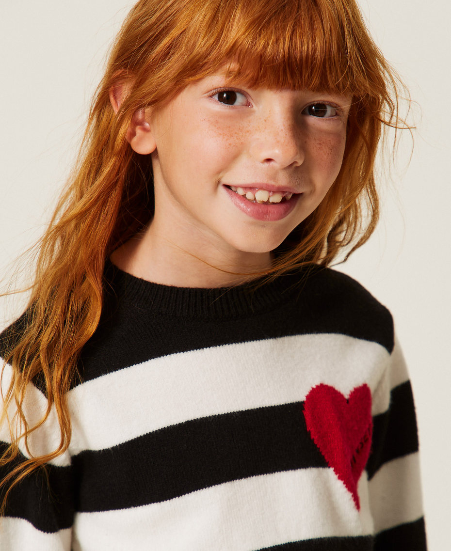 Striped jumper with heart and logo Black/"Snow" White/"Magenta" Heart Red Stripes Girl 262GJ3042_13776_04