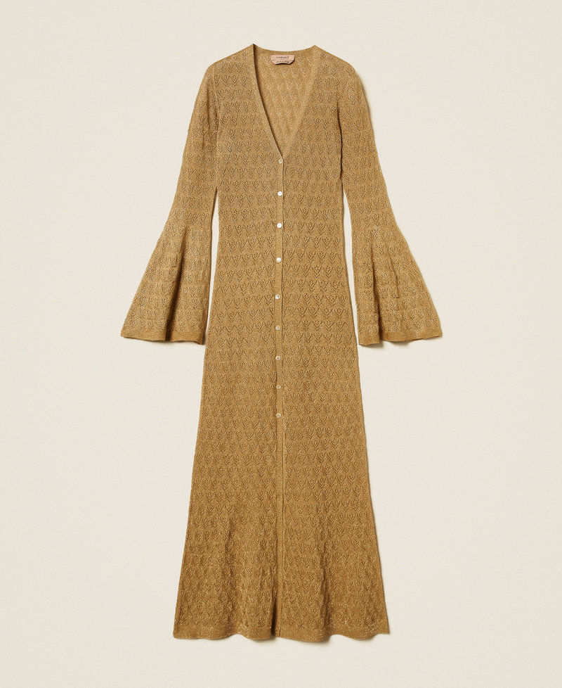 Langer Strick-Cardigan mit ausgestellten &Auml;rmeln Golden Green Lurex Frau 262TP3Q33_12454_S0