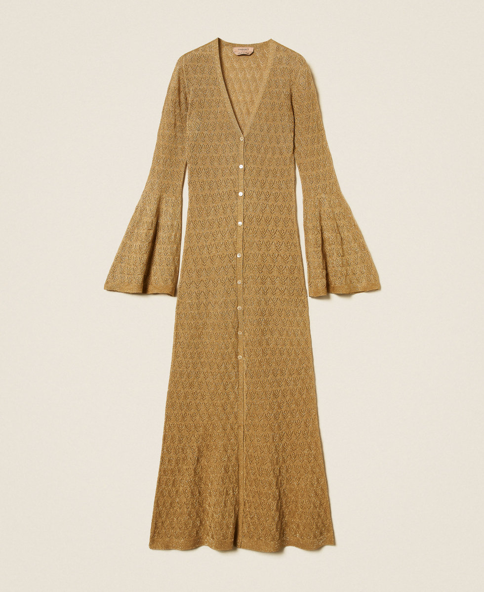 Langer Strick-Cardigan mit ausgestellten &Auml;rmeln Golden Green Lurex Frau 262TP3Q33_12454_S0