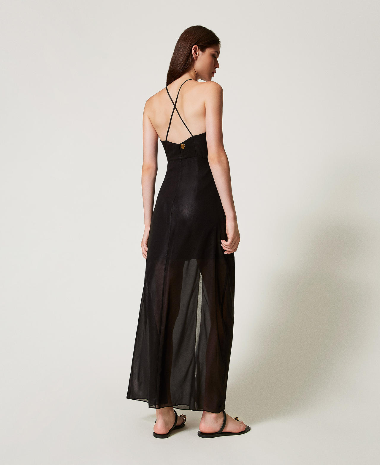 Maxikleid aus Metallic-Georgette Schwarz Frau 251LB2MCC_00006_03