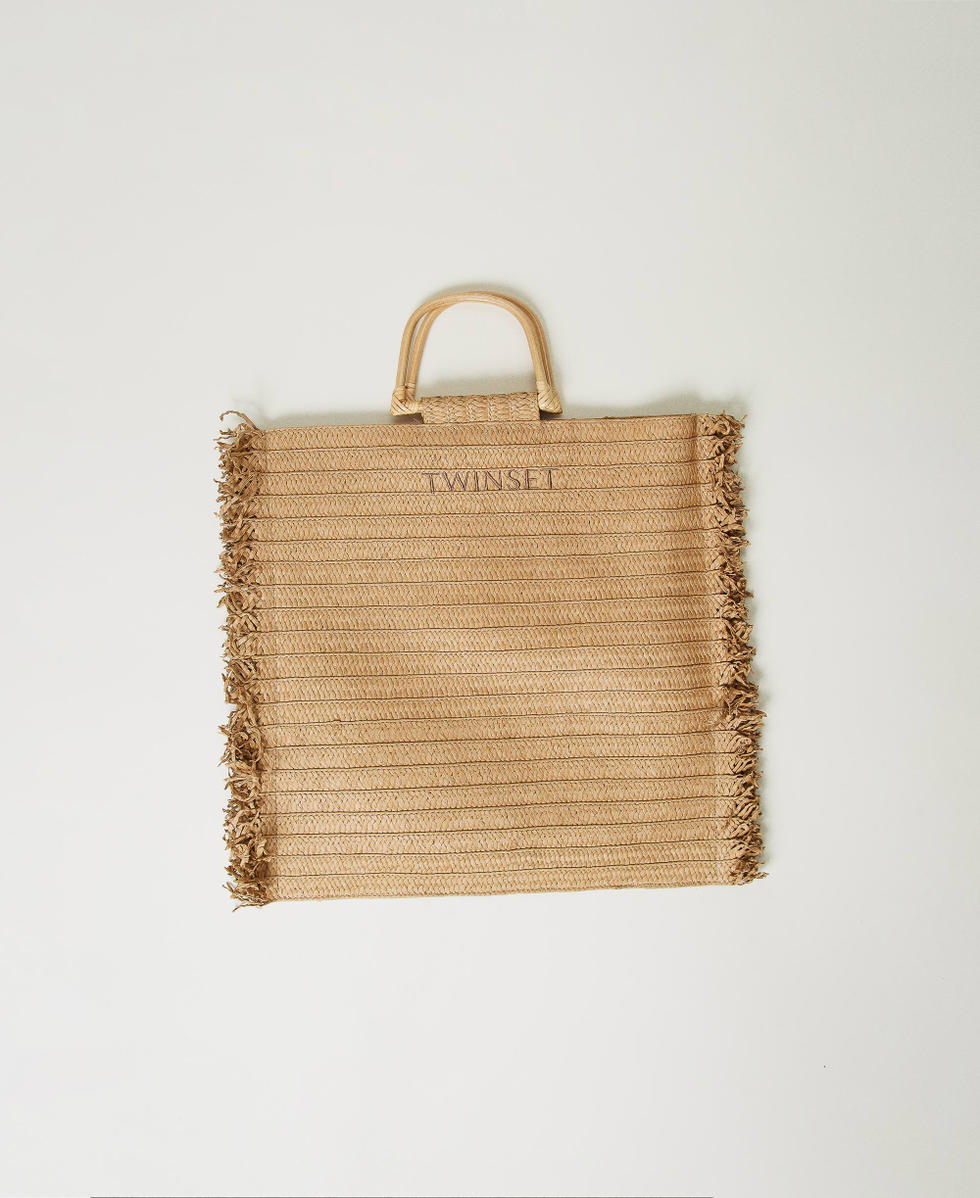 Frayed faux straw shopper bag Natural Beige Woman 251LB7AEE_12129_01