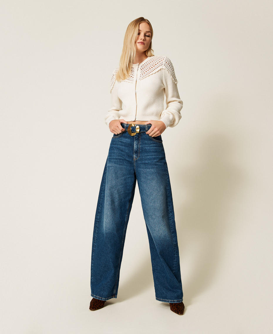 Wool blend cardigan with crochet details "Parchment" Beige Woman 252TP3100_07222_T0